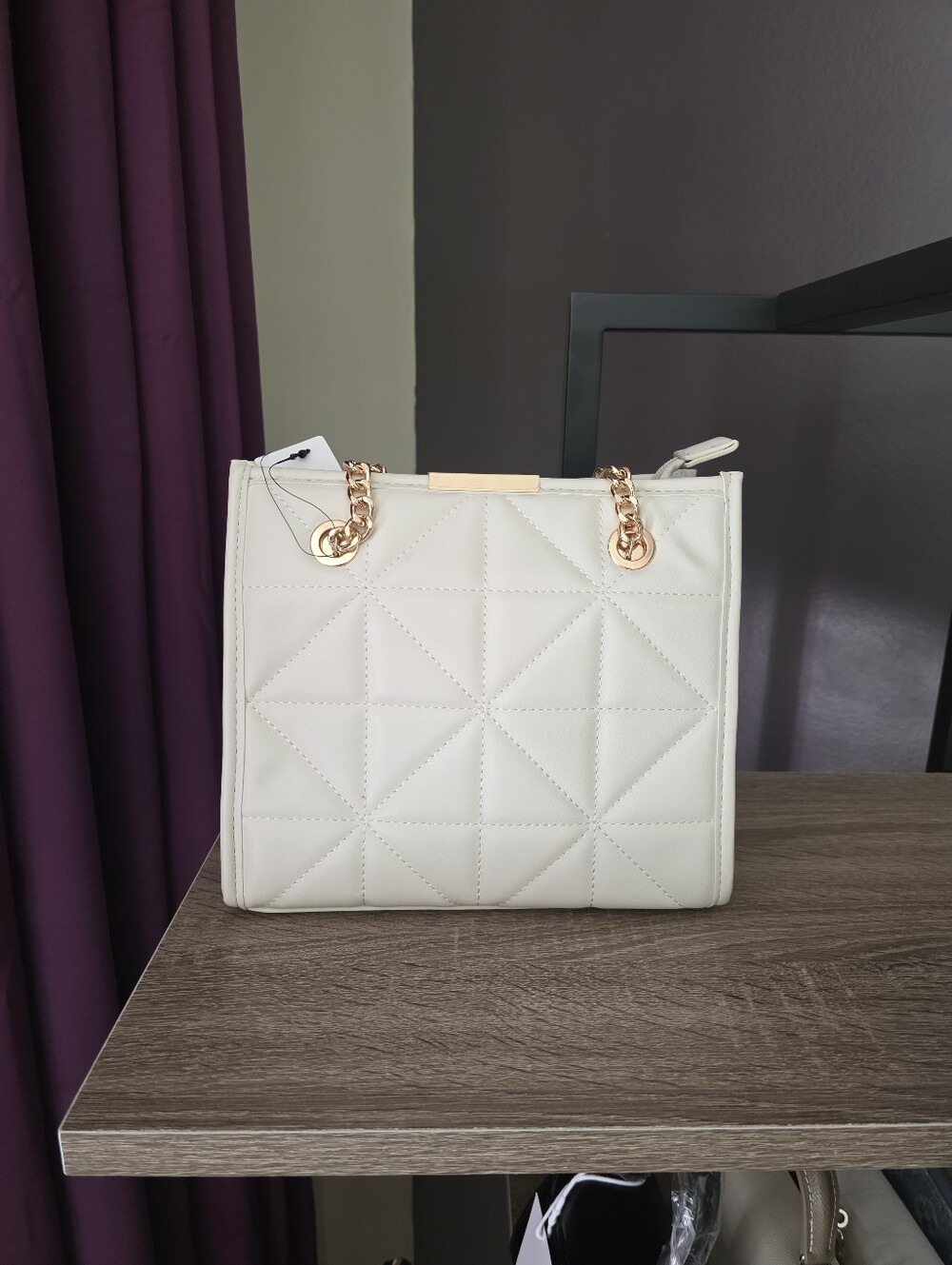 Cream Quilted Shoulder Bag With Gold Hardware